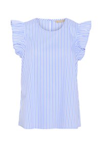 Blusa a righe blu chiaro con maniche corte a sbuffo, scollatura rotonda e vestibilità ampia. Realizzata in un tessuto morbido e leggero.