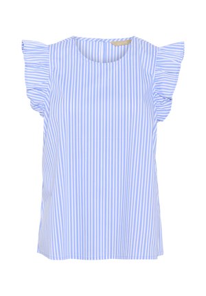 Blouse rayée bleu clair avec de courtes manches volantées, un col rond et une coupe ample. Fabriquée en tissu lisse et léger.