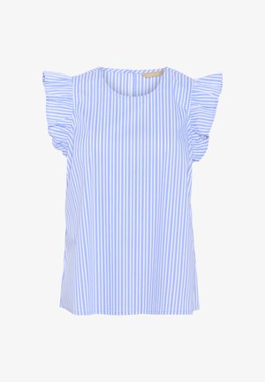 Lichtblauw gestreepte blouse met korte gerimpelde mouwen, ronde halslijn en een losse pasvorm. Gemaakt van een gladde, lichte stof.