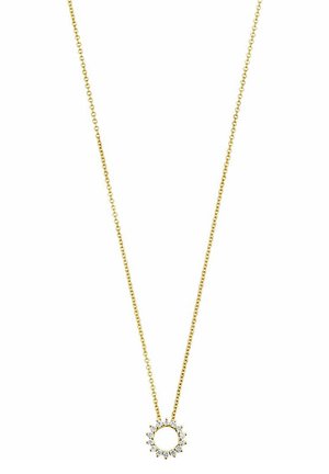 Goldene Kettenhalskette mit einem kreisförmigen Anhänger, der mit klaren Steinen verziert ist und ein glänzendes Effekt erzeugt. Die Kette hat eine Perlenstruktur.