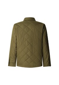 Gequilted jas in olijfgroen, met een ruitpatroon, lange mouwen en een uitklapbare kraag. Glad stof met knoopaccenten bij de mouwen.