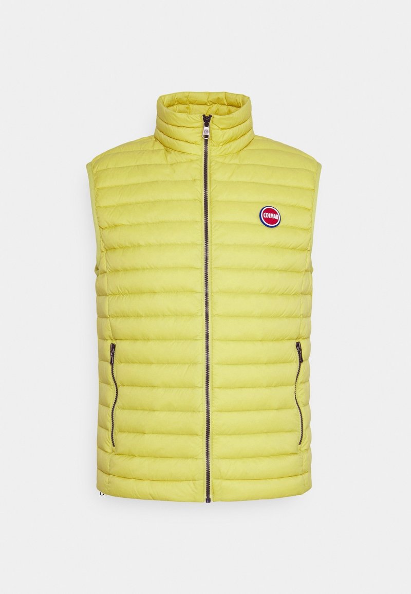 Ljusgrön kviltad ärmlös väst med hög krage, framzipper, två fickor med dragkedja och en liten rund logopatch på bröstet.