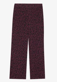 Pantaloni a gamba larga in un tessuto bordeaux profondo con un motivo a stampa leopardata nera. Tessuto liscio, vita elastica e design a lunghezza completa.