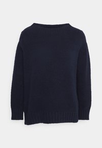 Pull tricoté bleu marine foncé avec manches longues et encolure, poignets et ourlet côtelés, présenté sur un fond clair uni.