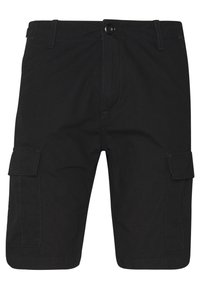 Shorts cargo noirs en tissu texturé, dotés de deux poches latérales et d'une fermeture à bouton. La longueur atteint le genou.