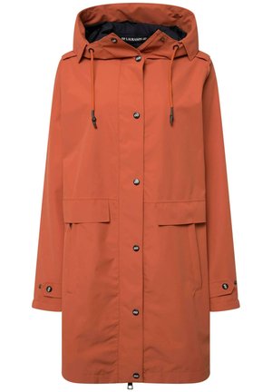 Oranger wasserdichter Parka mit Kapuze, ausgestattet mit einem frontalen Reißverschluss, zwei Fronttaschen und verstellbarem Kordelzug an der Kapuze.