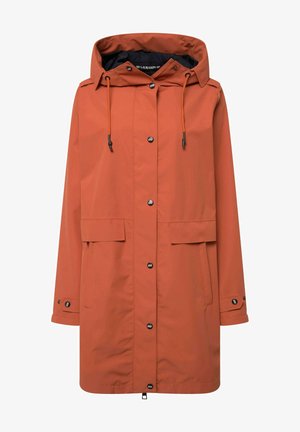 Oranžový nepromokavý parkas s kapucí, obsahující přední zip, dvě přední kapsy a nastavitelnou šňůrku na kapuci.