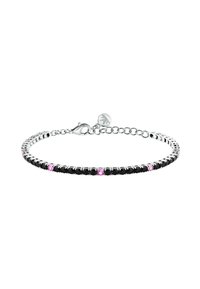 Bracciale in argento con pietre nere e accenti rosa, dotato di una delicata catena e chiusura a gancio. Design elegante e raffinato.