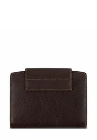 Portafoglio in pelle marrone con finitura testurizzata, forma rettangolare e chiusura a pattina. Cuciture visibili accentuano i bordi.