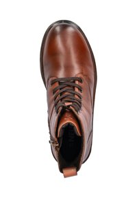 Bottine en cuir marron avec bout arrondi, surface texturée, lacets marron foncé et détail de fermeture éclair latérale. Intérieur rembourré pour le confort.