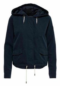 Giacca blu navy con cappuccio, dotata di due tasche frontali, orlo con cordino e stringhe bianche a contrasto. Adatta per un abbigliamento casual.