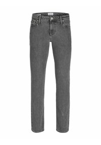 Šedé džíny z denimu s rovnými nohavicemi, zapínáním na knoflík v pase a tradičním pětikapsovým designem s jemnou texturou.