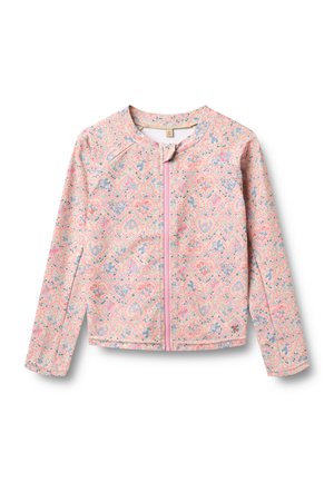 Kurtka na zamek z kwiatowym wzorem w jasnoróżowym kolorze, z niebieskimi i fioletowymi akcentami, z okrągłym dekoltem i długimi rękawami, wykonana z lekkiego materiału.