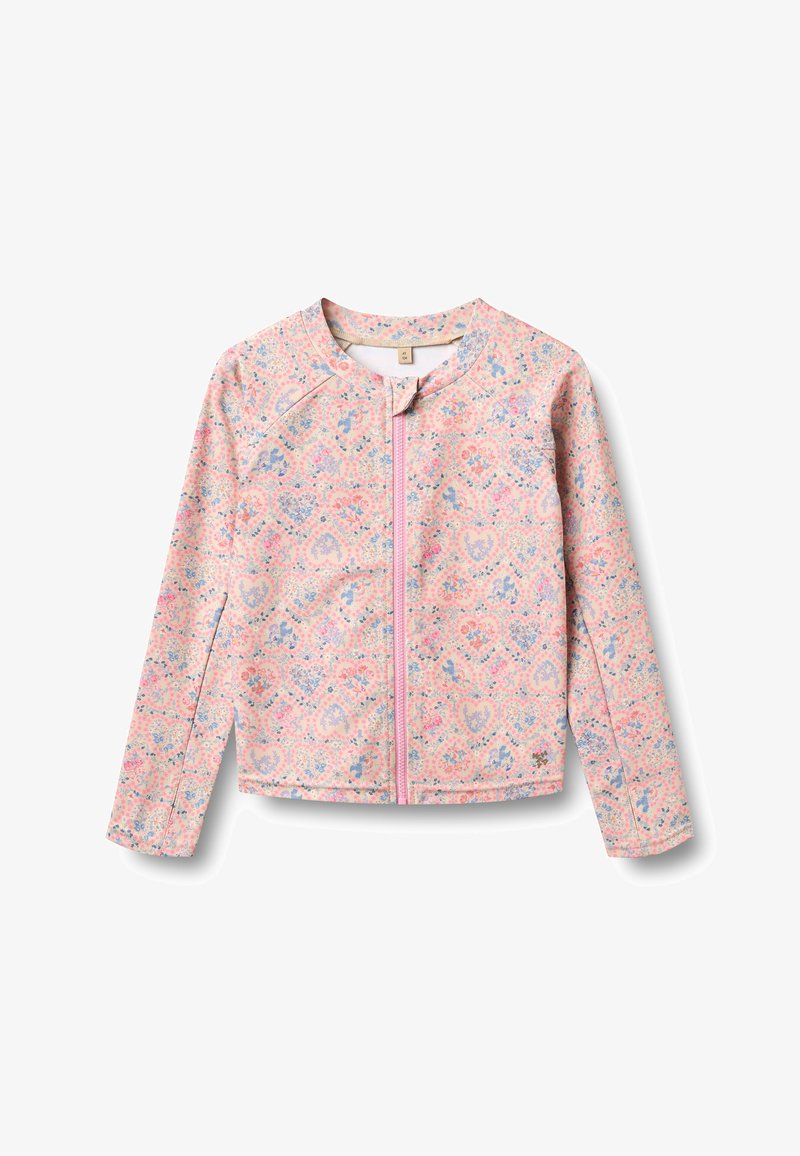 Veste zippée à motif floral en rose pâle, avec des accents bleus et violets, col rond et manches longues, confectionnée en tissu léger.