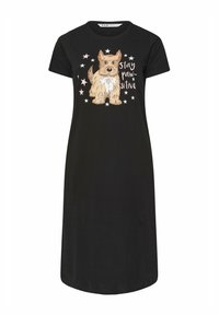 Camicia da notte nera con un'illustrazione di un cane e la scritta "stai in modalità positiva", decorata con stelle rosa chiaro. Realizzata in tessuto morbido.