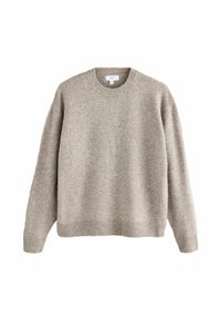 Suéter de punto beige de cuello redondo con puños y dobladillo acanalados, exhibido sobre un fondo blanco.