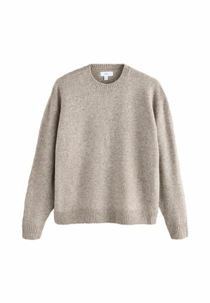 Beige knitted crewneck sweater with ribbed cuffs and hem, displayed on a white background.