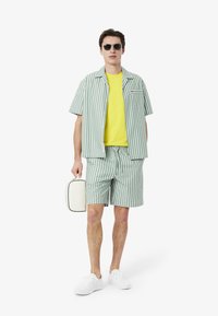 Lichtgroene en witte gestreepte kortarmige shirt, gele T-shirt, bijpassende korte broek, witte sneakers, zonnebril en een witte tas.