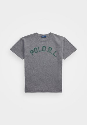Gray cotton t-shirt with short sleeves and crew neck, featuring a green "POLO R.L." graphic in an arched design across the chest.
