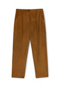 Pantalons en daim marron à coupe droite, avec une fermeture à bouton à l'avant, deux poches latérales et une texture lisse.