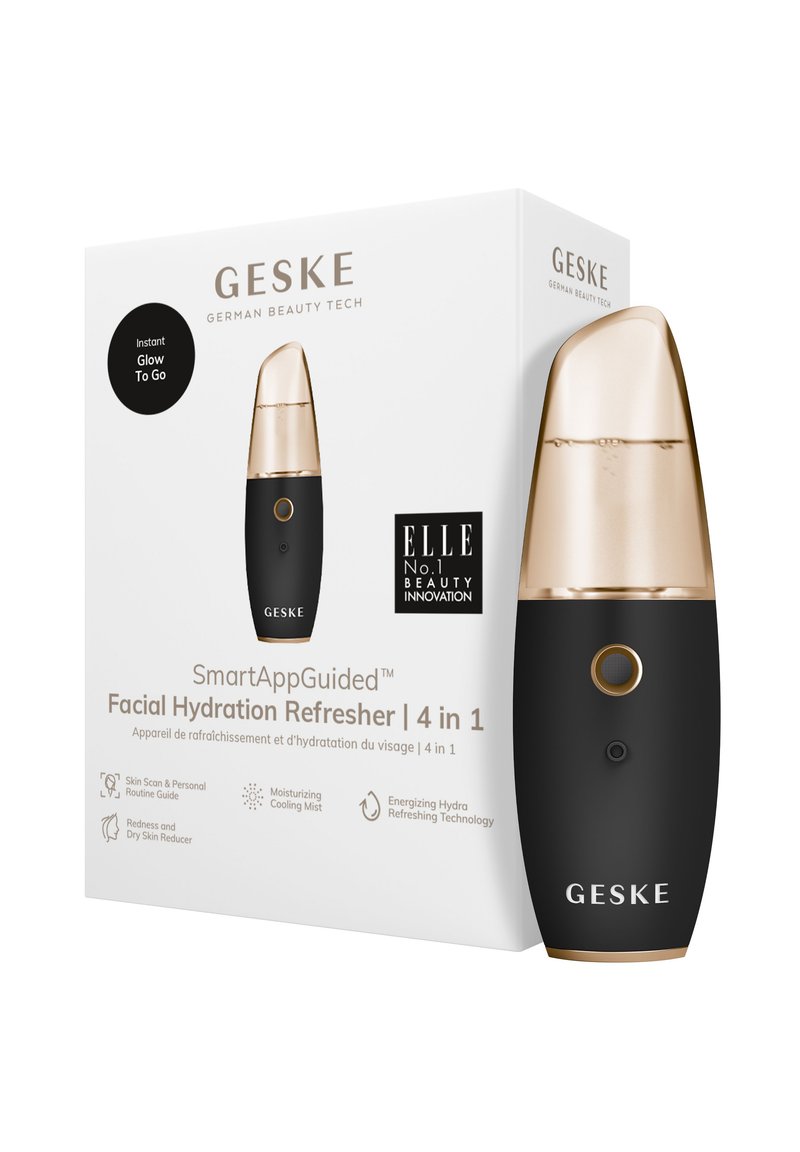 Svart ansiktsfuktighetsåterfriskare med ett guldlock, utrustad med en knapp och sensor. Förpackningen innehåller varumärkesinformation och produktdetaljer i svart och vitt.