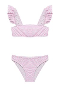 Vaaleanpunainen bikinit-setti, jossa on röyhelösaumat. Yläosassa on sydäntä kuvaava kuvio, ja alaosa on yksinkertainen leikkaus. Pehmeää, joustavaa kangasta.