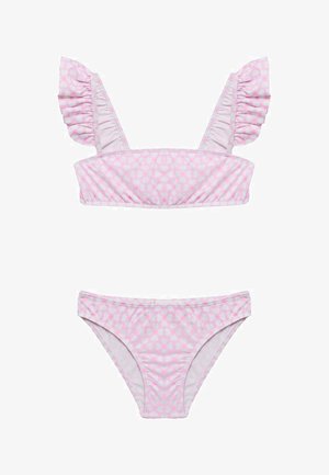 Roze bikini set met ruchebandjes. De top heeft een hartjespatroon en de onderkant heeft een eenvoudige snit. Zacht, rekbaar materiaal.