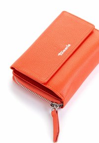 Orange leather wallet with textured finish, featuring a zip closure, a snap button flap, and a logo in white. Compact rectangular design.