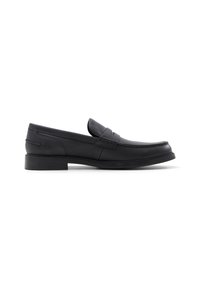 Mocasines de cuero negro con un acabado suave, que presentan una puntera cosida, una tapa superior suave y un tacón bajo rectangular.