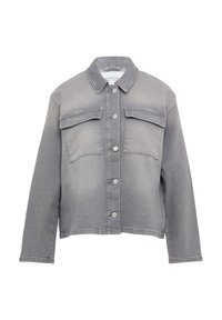 Graue Jeansjacke mit Kragen, zwei Brusttaschen und silbernen Druckknöpfen. Lässige Passform, verkürztes Design und weiche Textur.