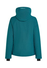 Turquoise jas met een capuchon, textuurstof, elastische manchetten en een rechte snit. Kenmerkt zich door een logo op de achterkant, geen zichtbare zakken.