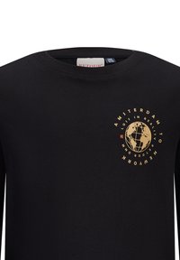 Schwarz langärmliges T-Shirt aus Baumwolle mit einem goldenen Globusdesign und dem Text: "Amsterdam nach New York" auf der linken Brust.