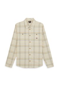 Camisa de cuadros beige con líneas azules y amarillas, dos bolsillos en el pecho con cierres de botón y un logo de la marca en el bolsillo izquierdo.