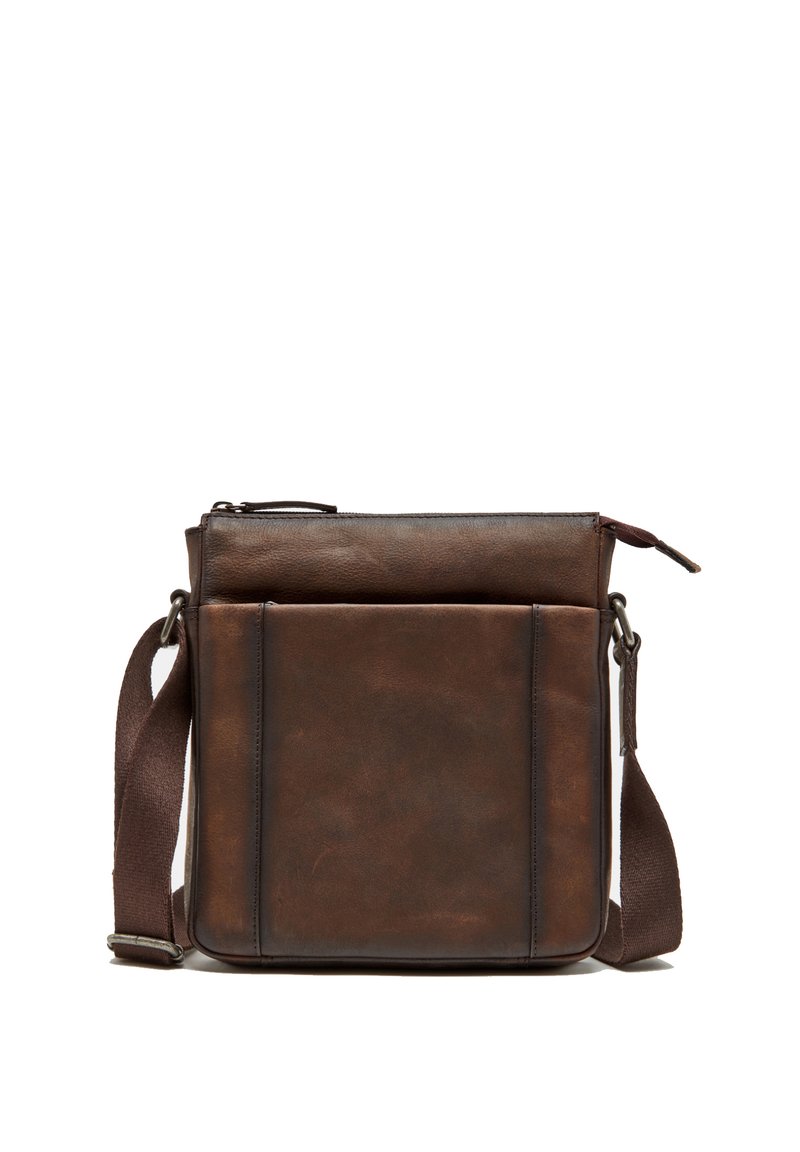 Brown leather crossbody bag featuring a zip closure, adjustable fabric strap, and a front pocket with a smooth texture.