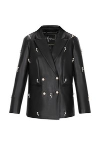 Schwarze Lederblazer mit doppelt geknöpftem Design, satinierter Oberfläche, verziert mit Perlenakzenten und strukturierten Revers. Zwei Fronttaschen.