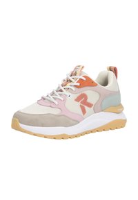 Leichter Sneaker mit Obermaterial aus Mesh und Wildleder in Rosa, Beige, Orange und Mint. Dicke Gummisohle mit markantem Profil.