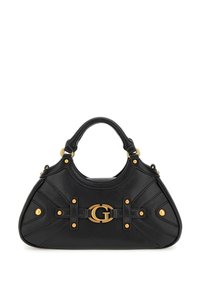 Sac à main en cuir noir avec des poignées rondes, des clous dorés et un fermoir central en forme de "G" doré.