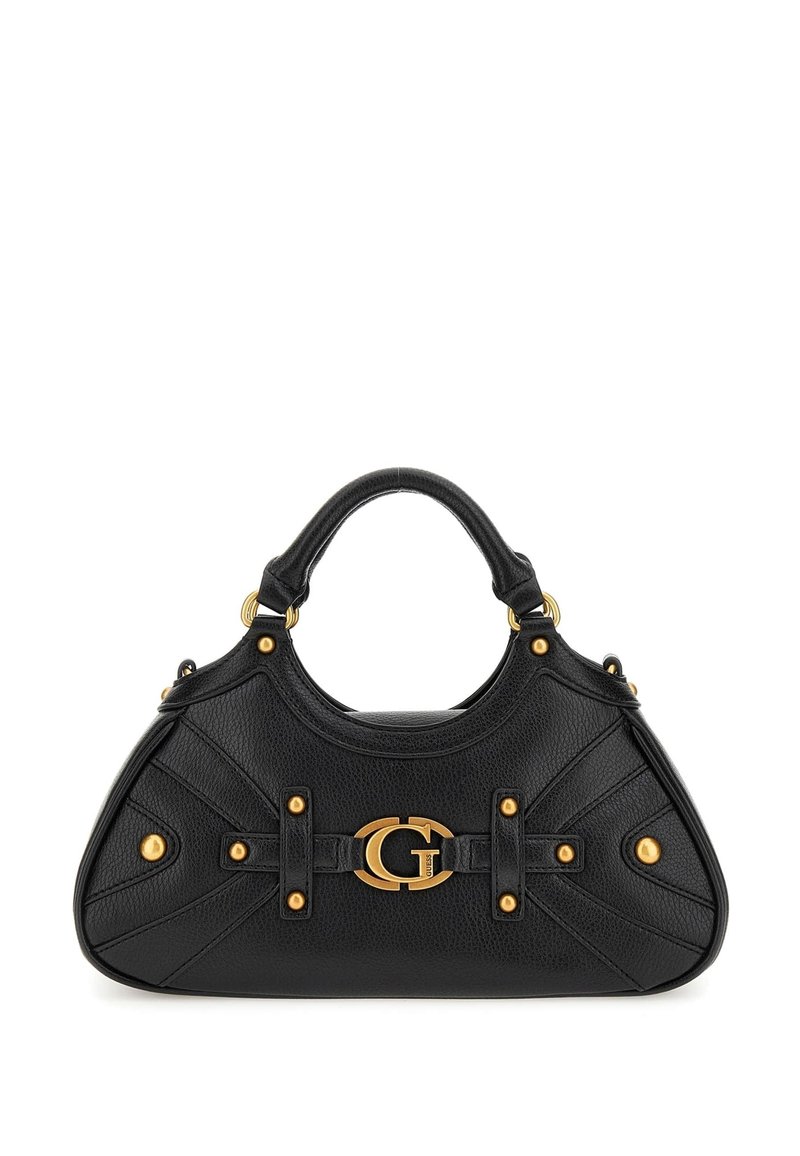 Sac à main en cuir noir avec des poignées rondes, des clous dorés et un fermoir central en forme de "G" doré.