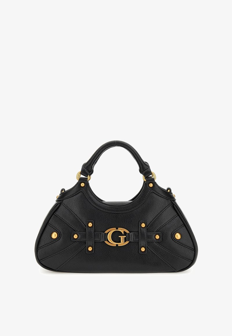 Sac à main en cuir noir avec des poignées rondes, des clous dorés et un fermoir central en forme de "G" doré.