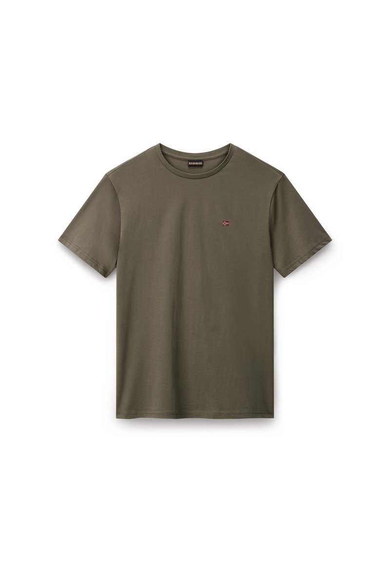 T-shirt in cotone verde oliva con maniche corte,.collo a giro e un piccolo logo della bandiera ricamato sul petto. Texture liscia, vestibilità standard.