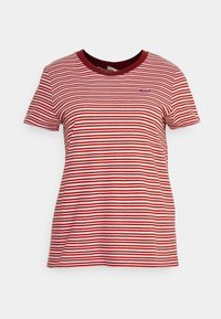 Czerwono-biało-bordowa koszulka z krótkim rękawem w poziome paski, z bordowym kołnierzykiem i małym logo Levi's na piersi.