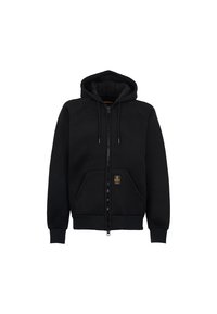Felpa nera con zip e cappuccio, realizzata in tessuto morbido. Presenta maniche raglan, tasche frontali e un'etichetta con il marchio in basso.
