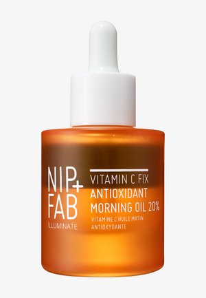 Nip+Fab Vitamin C Fix Antioxidant Morning Oil 20% i en frostet orange glasflaske med hvid pipettehætte.