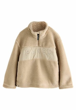 Beige Fleece-Pullover mit hohem Kragen, halbem Reißverschluss und einem kontrastierenden beige-farbenen Einsatz, auf dem das Wort "BAKER" in Creme bestickt ist.