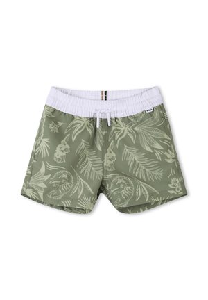Pantaloni da bagno verdi con vita elastica bianca. Presentano un motivo a foglie e animali, texture liscia e chiusura con cordino.