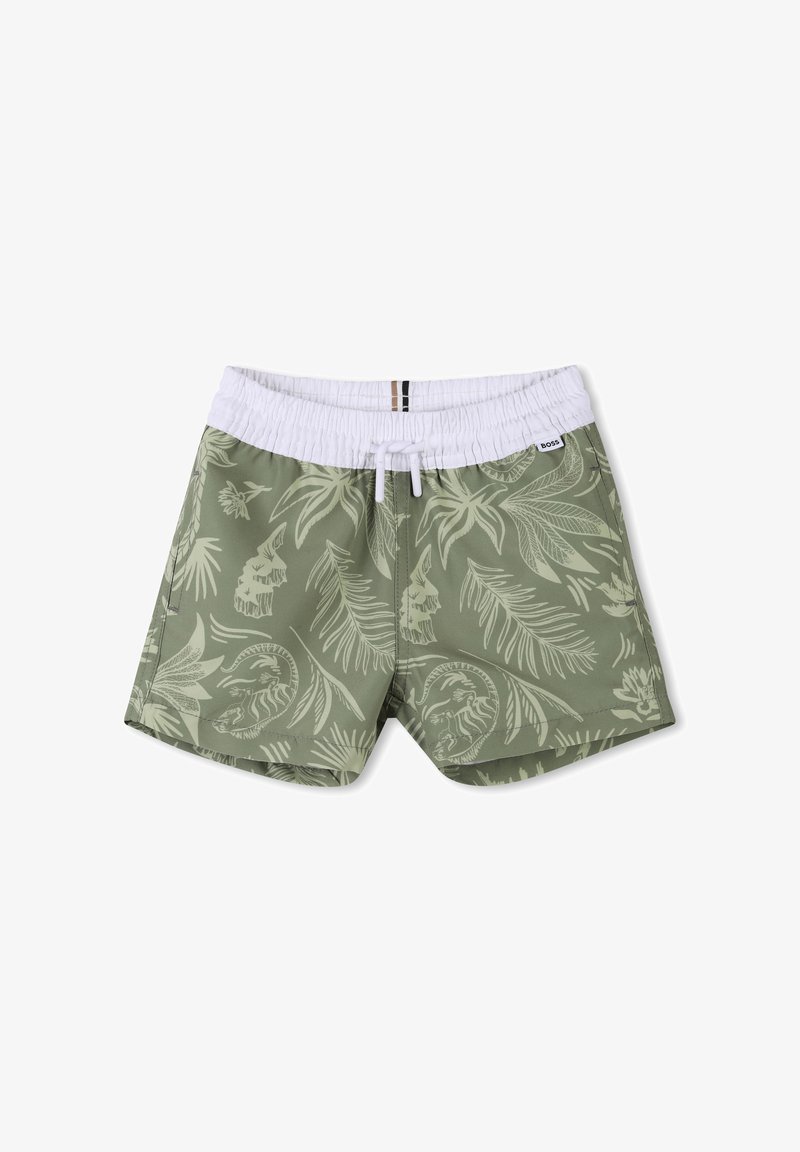 Pantaloni da bagno verdi con vita elastica bianca. Presentano un motivo a foglie e animali, texture liscia e chiusura con cordino.