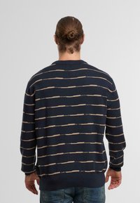 Maglione navy con motivo a righe orizzontali beige, collo a giro, vestibilità leggermente ampia, polsini e orlo a coste, realizzato in materiale lavorato a maglia.