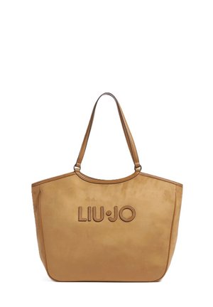 Bolso tote grande de cuero color tostado con dos correas para el hombro y "LIU•JO" grabado en relieve en el centro delantero.