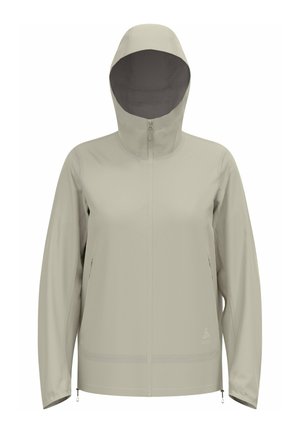 Light beige waterproof jacket with a hood, front zipper, long sleeves, and drawstring accents at the waist and cuffs. Smooth texture.