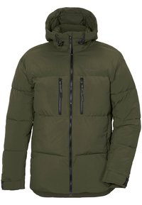 Doudoune de couleur vert foncé, dotée d'une capuche, d'une fermeture éclair à l'avant et de deux poches poitrine zippées avec des accessoires en noir. Texture lisse et rembourrée.